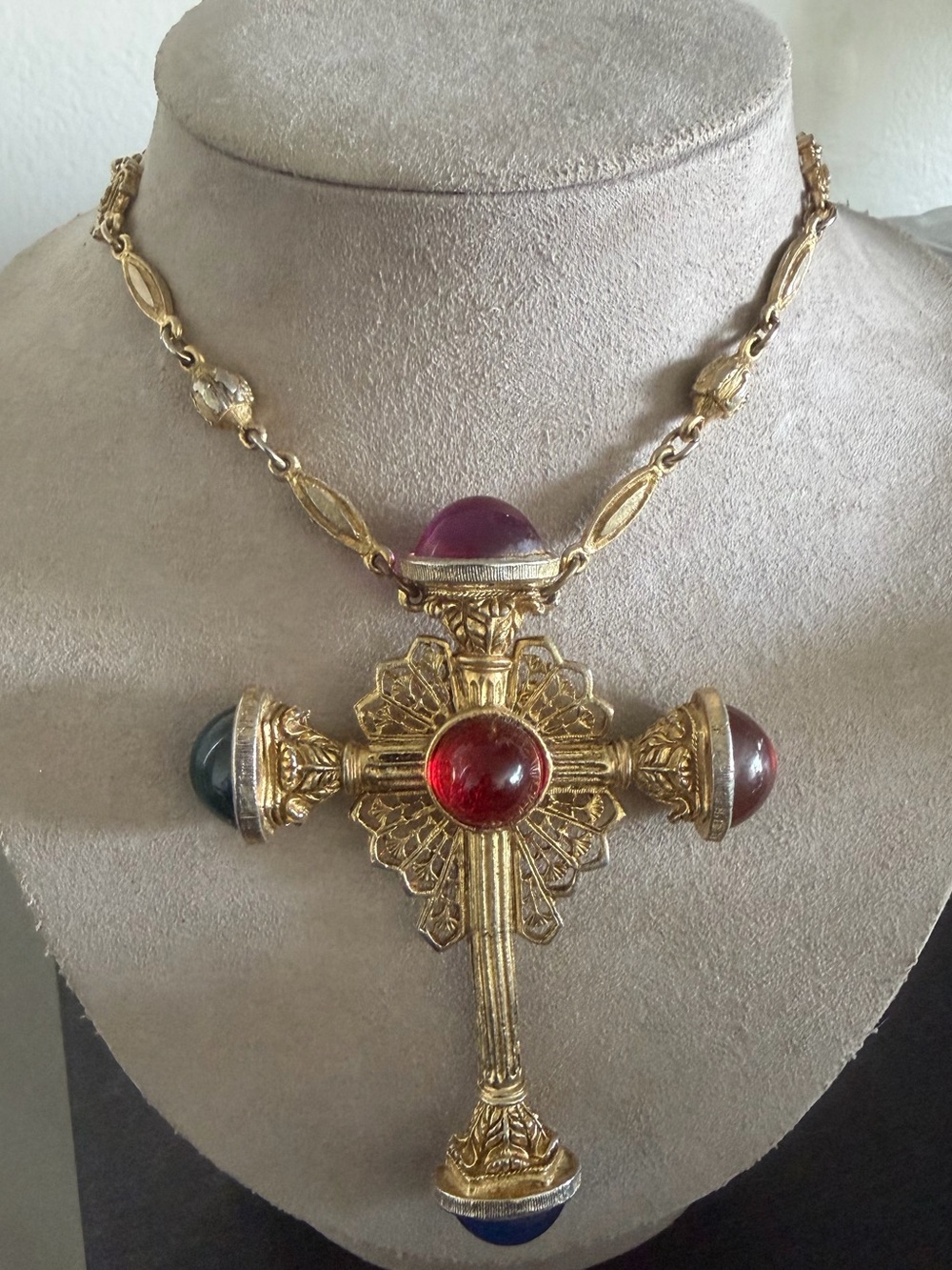 Vintage Gold-Tone Cross Pendant Necklace with Multicolored Cabochons